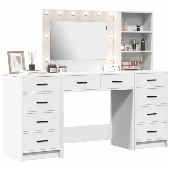 vidaXL Dressing Table with Mirror Lights 3 pcs White Engineered Wood