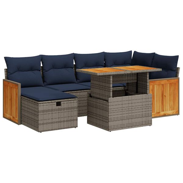 vidaXL 7 Piece Garden Sofa Set with Cushions Grey Poly Rattan Acacia