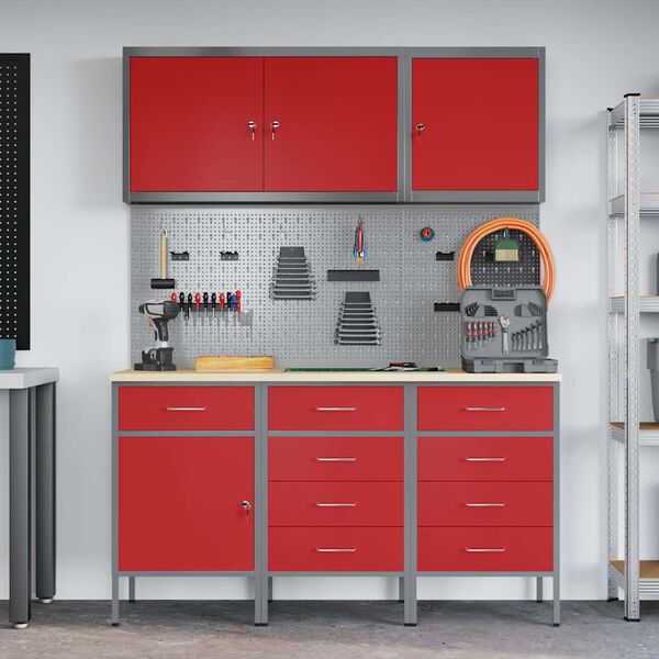 vidaXL Work Bench with Drawer 8 pcs Red 150 x 55 x 200 cm Steel