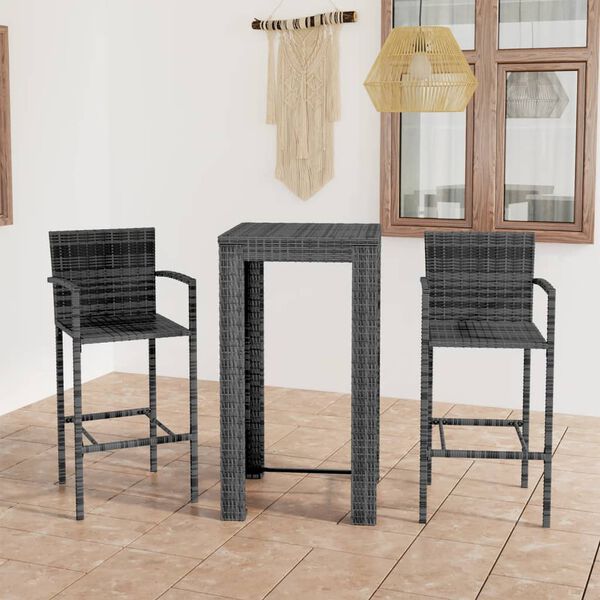 vidaXL 3 Piece Outdoor Bar Set with Armrest Poly Rattan Grey