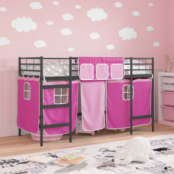 vidaXL Kids'Loft Bed Frame with Curtains Black and Pink 74.5 x 190 cm