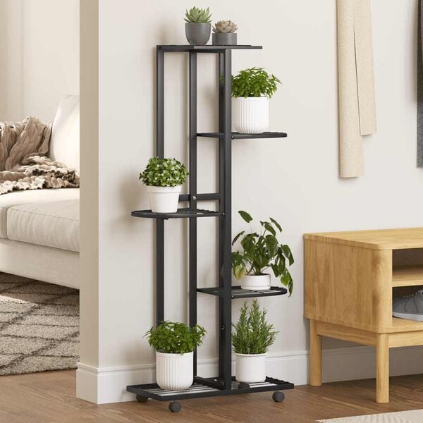 vidaXL 5-Floor Flower Stand with Wheels 44x23x100 cm Black Iron