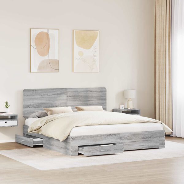 vidaXL Bed Frame with Drawer Grey Sonoma 200 x 200 cm Engineered Wood