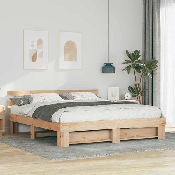 vidaXL Bed Frame with Headboard Brown 200 x 200 cm Solid Pine Wood