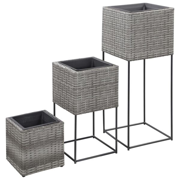 vidaXL Garden Raised Beds 3 pcs Poly Rattan Grey