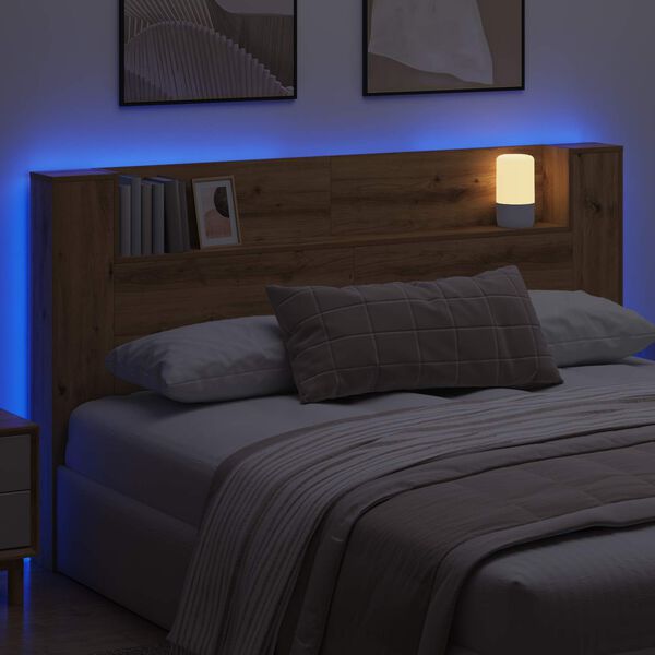 vidaXL Headboard Cabinet with LED Artisian Oak 180 x 16.5 x 103.5 cm