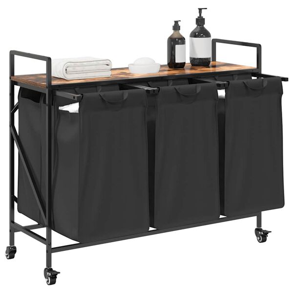 vidaXL Laundry Basket 3 Compartments with Wheels Smoked Oak