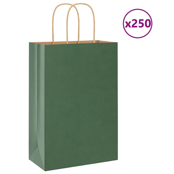 vidaXL Paper Bags 250 pcs with Handles Green 21x11x31 cm