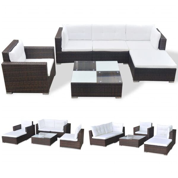vidaXL 6 Piece Garden Lounge Set with Cushions Poly Rattan Brown