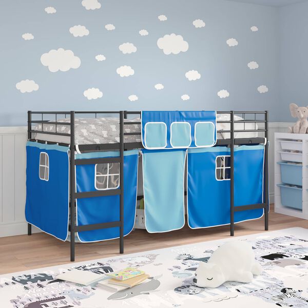 vidaXL Kids'Loft Bed Frame with Curtains Black and Blue 100 x 200 cm