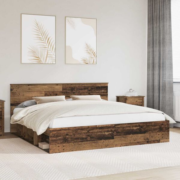 vidaXL Bed Frame with Headboard Old Wood 200 x 200 cm Solid Pine Wood