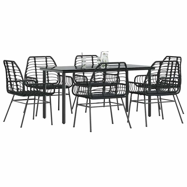 vidaXL 7 Piece Garden Dining Set Black Poly Rattan Glass