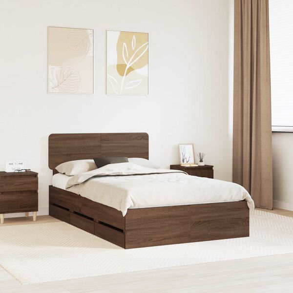 vidaXL Bed Frame with Headboard Brown Oak 135 x 190 cm Engineered Wood