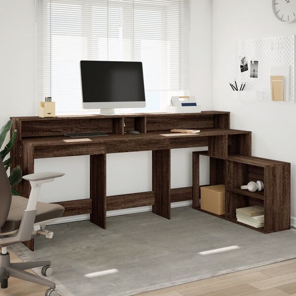 vidaXL Desk with LED Lights Brown Oak 200x104x91 cm Engineered Wood