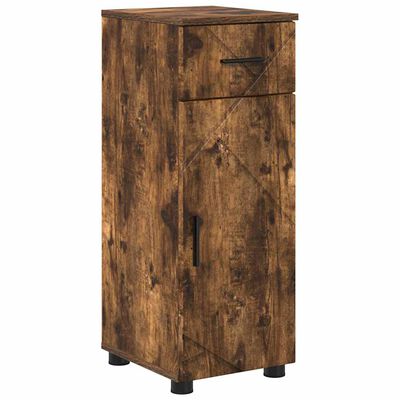 Tall narrow wooden cabinet with two small drawers on top and a larger door cabinet below, in rustic brown finish