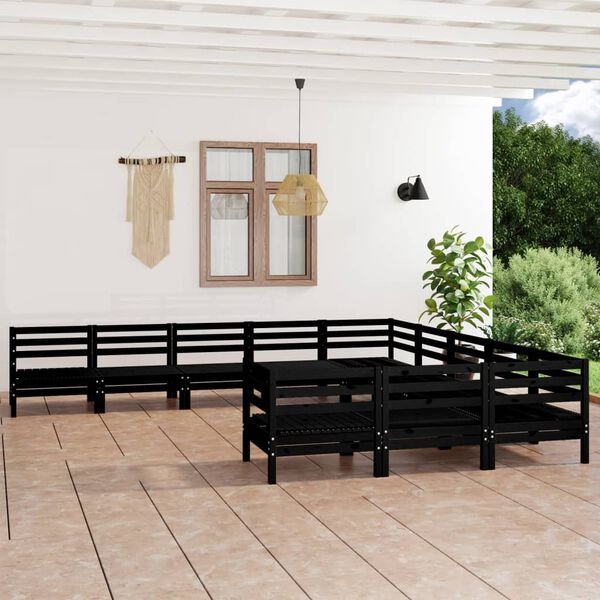 vidaXL 11 Piece Garden Lounge Set Black Solid Wood Pine