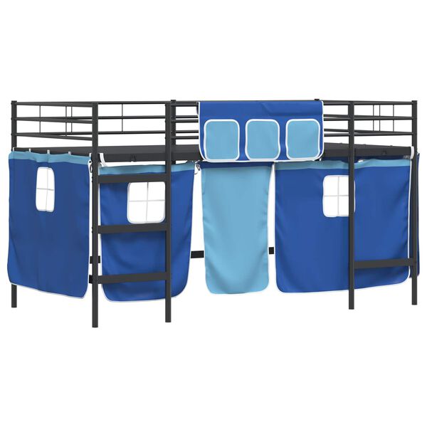 vidaXL Kids'Loft Bed Frame with Curtains Black and Blue 80 x 201 cm