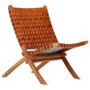 vidaXL Folding Chair Crossed-Stripe Brown Real Leather