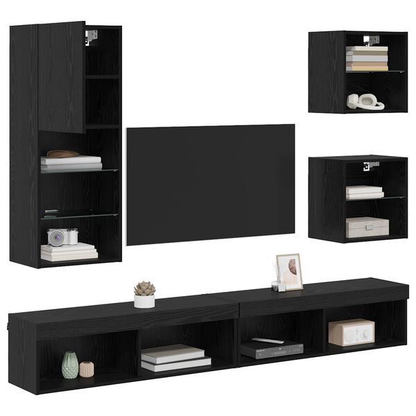 TV Wall Units with LED Wall-mounted 5 pcs Black Oak Engineered Wood