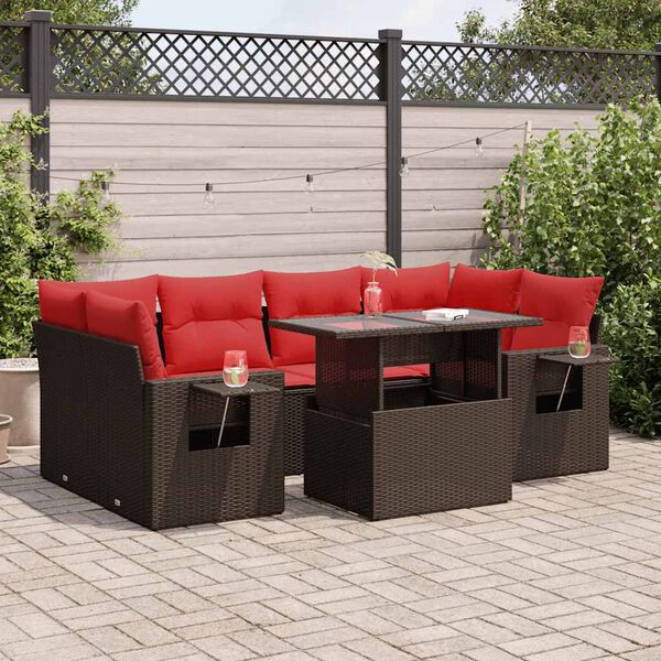 vidaXL 7 Piece Garden Sofa Set with Cushions Brown Poly Rattan Acacia