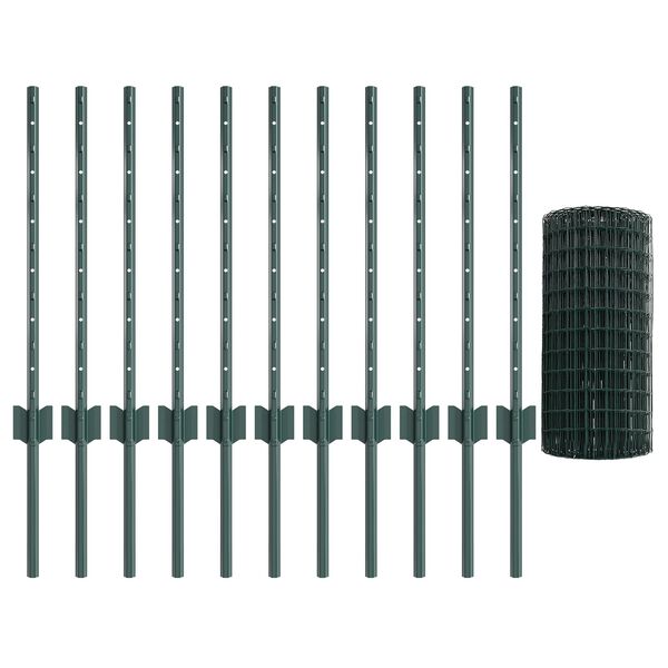 vidaXL Fence with Post Green 0.6 x 25 m Steel and PVC