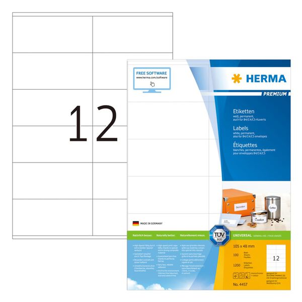 HERMA Permanent Labels PREMIUM A4 105x48 mm 100 Sheets