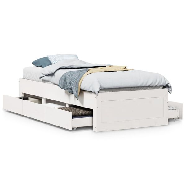 vidaXL Bed Frame without Mattress with Drawers White 90x190 cm Single Solid Wood Pine