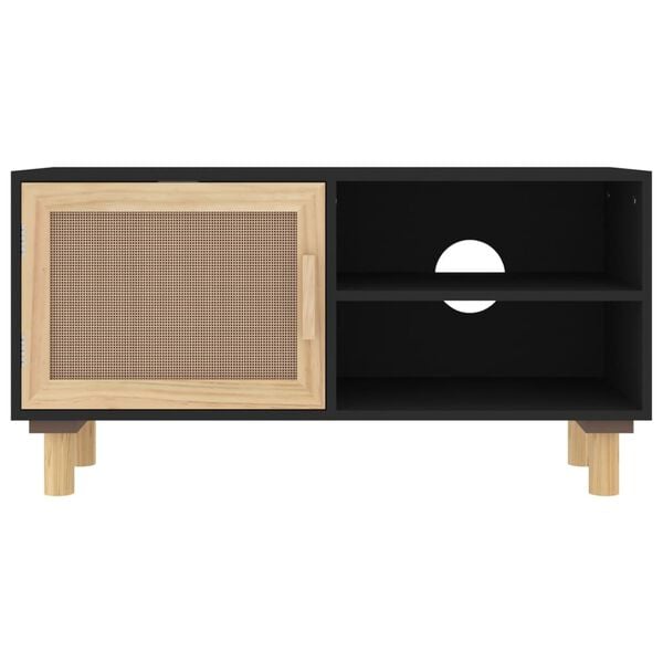 vidaXL TV Cabinet Black 80x30x40 cm Solid Wood Pine and Natural Rattan