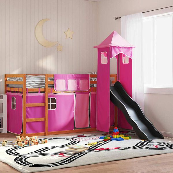 vidaXL Bunk Bed without Mattress with Slide and Curtains Pink 80x200 cm