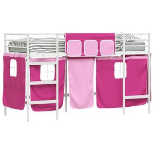 vidaXL Kids'Loft Bed Frame with Curtains White and Pink 75 x 190 cm