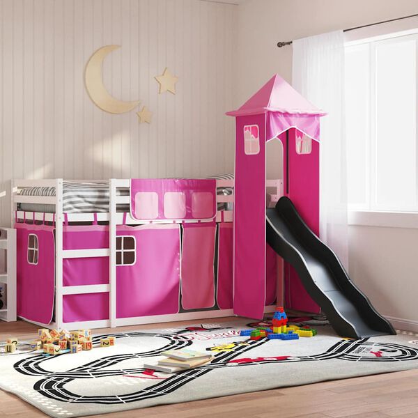 vidaXL Bunk Bed without Mattress with Slide and Curtains Pink 90x200 cm