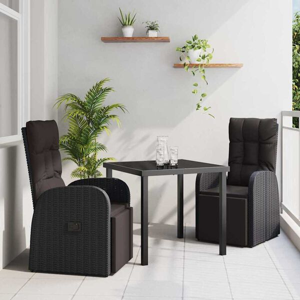 vidaXL Garden Dining Set with Cushion 3 pcs Black Poly rattan