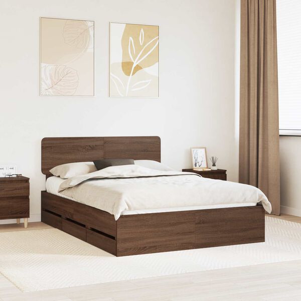 vidaXL Bed Frame with Drawer Brown Oak 140 x 190 cm Engineered Wood