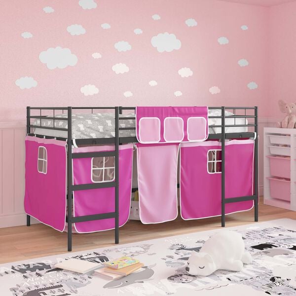 vidaXL Kids'Loft Bed Frame with Curtains Black and Pink 100 x 201 cm