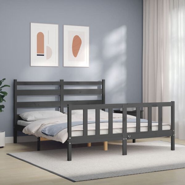 vidaXL Bed Frame without Mattress Grey King Size Solid Wood Pine