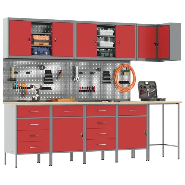 vidaXL Work Cabinet Set with Drawer with Shelf 12 pcs Red and Grey