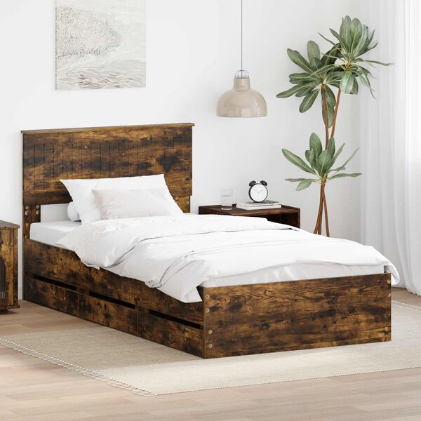 vidaXL Bed Frame with Drawer Smoked Oak 100 x 200 cm Engineer Wood