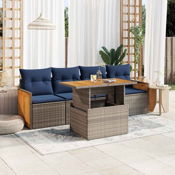 vidaXL 5 Piece Garden Sofa Set with Cushions Grey Poly Rattan Acacia