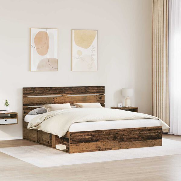 vidaXL Bed Frame with Headboard Old Wood 200 x 200 cm Solid Pine Wood
