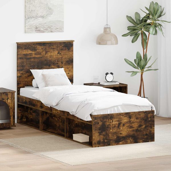 vidaXL Bed Frame with Headboard Smoked Oak 75 x 190 cm Solid Pine Wood