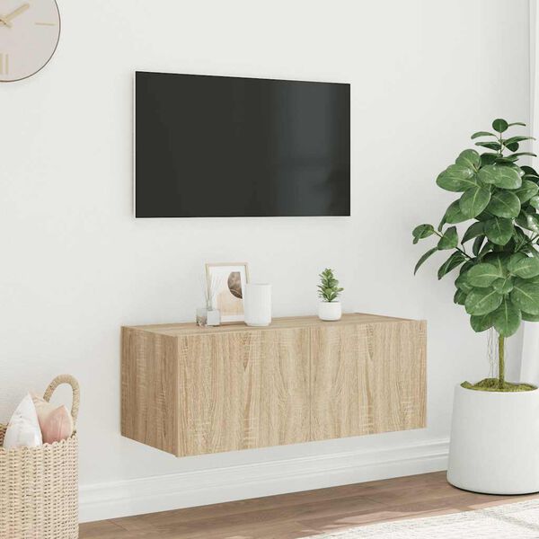 vidaXL TV Wall Cabinet with LED Lights Sonoma Oak 80x35x31 cm