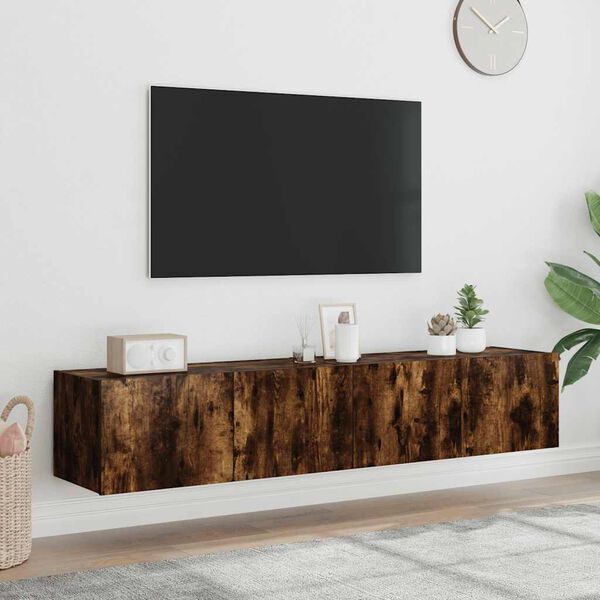 vidaXL TV Wall Cabinets with LED Lights 2 pcs Smoked Oak 80x35x31 cm
