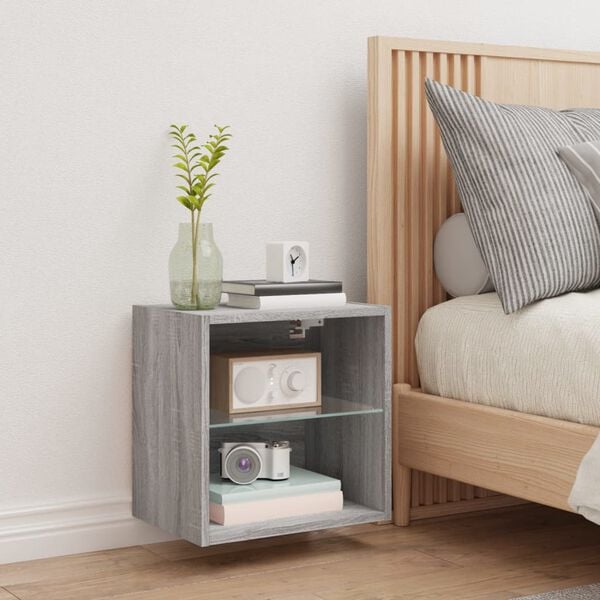 vidaXL Bedside Cabinet with LED Lights Wall-mounted Grey Sonoma