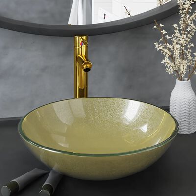 vidaXL Bathroom Sink with Tap and Push Drain Gold Tempered Glass