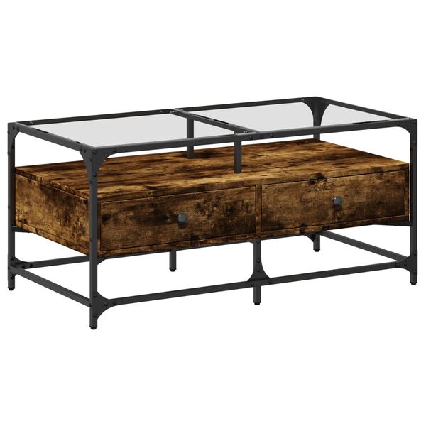 vidaXL Coffee Table with Glass Top Smoked Oak 98.5x50x45 cm Steel
