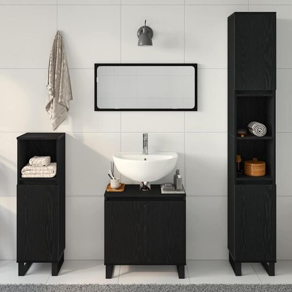 vidaXL Bathroom Furniture Set Wall-mounted with Door 3 pcs Black Oak