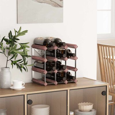 Wine rack on a sideboard displaying several bottles with a plant nearby.