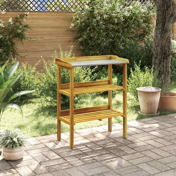 vidaXL Potting Bench with 2 Shelves Solid Acacia Wood and Zinc