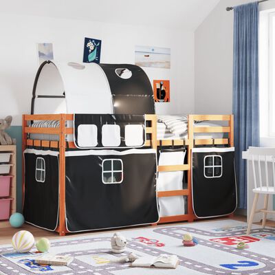vidaXL Bunk Bed with Curtains White&Black 75x190 cm Solid Wood Pine
