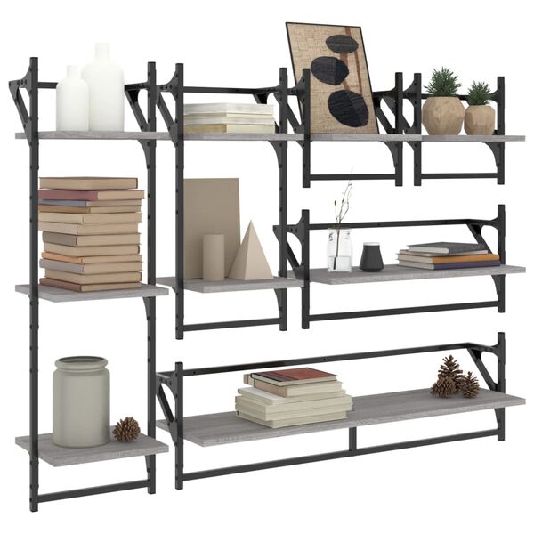 vidaXL 6 Piece Wall Shelf Set with Bars Grey Sonoma Engineered Wood